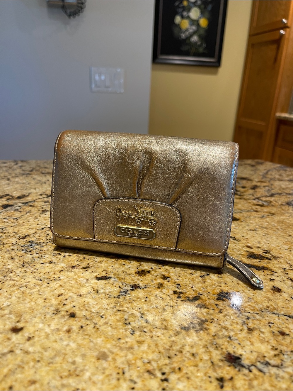 Coach Metallic Gold Leather Wallet with Logo Plaque